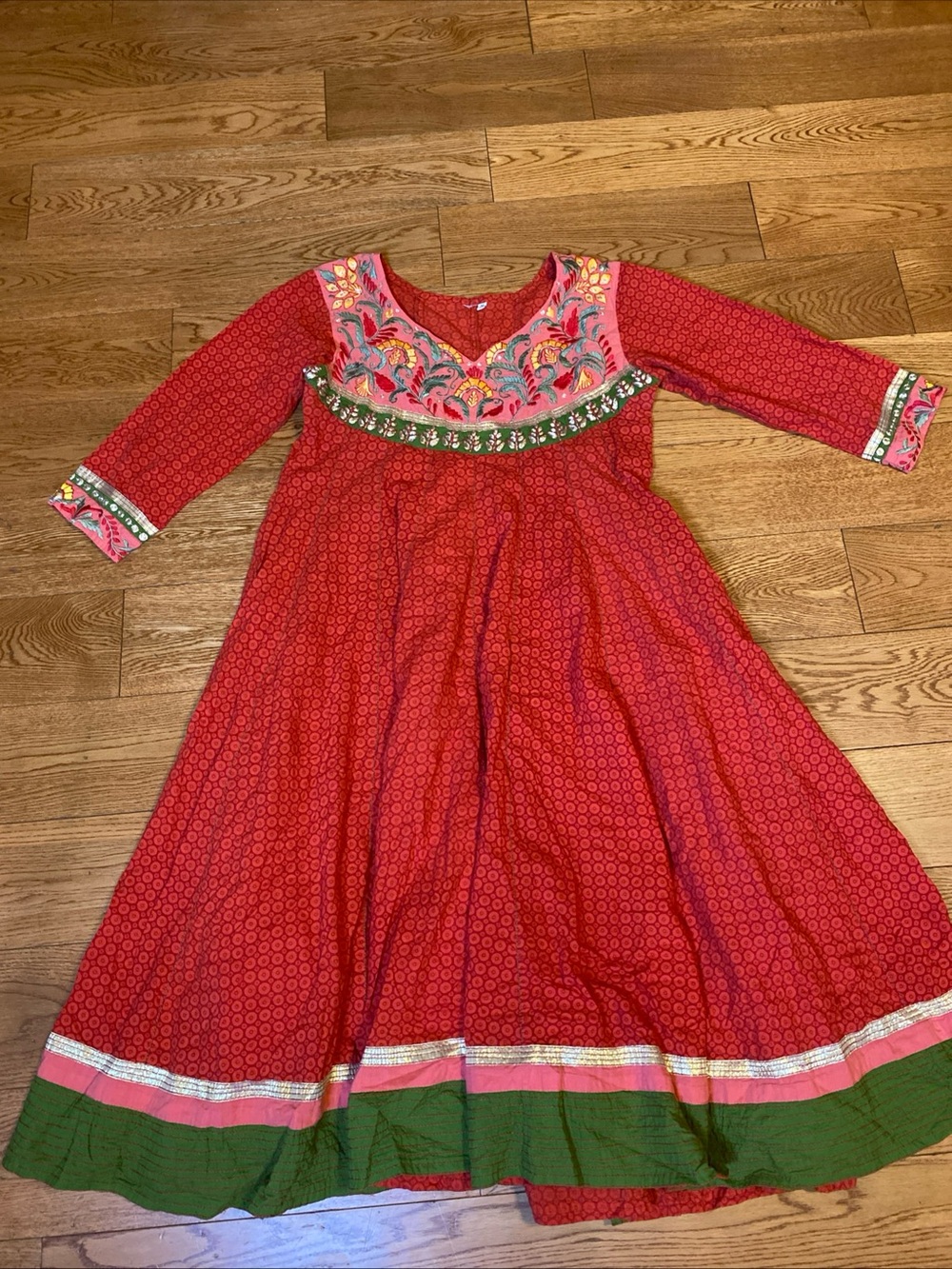 Embroidered Indian Anarkali Tunic Dress Medium Red Green Block Print Boho